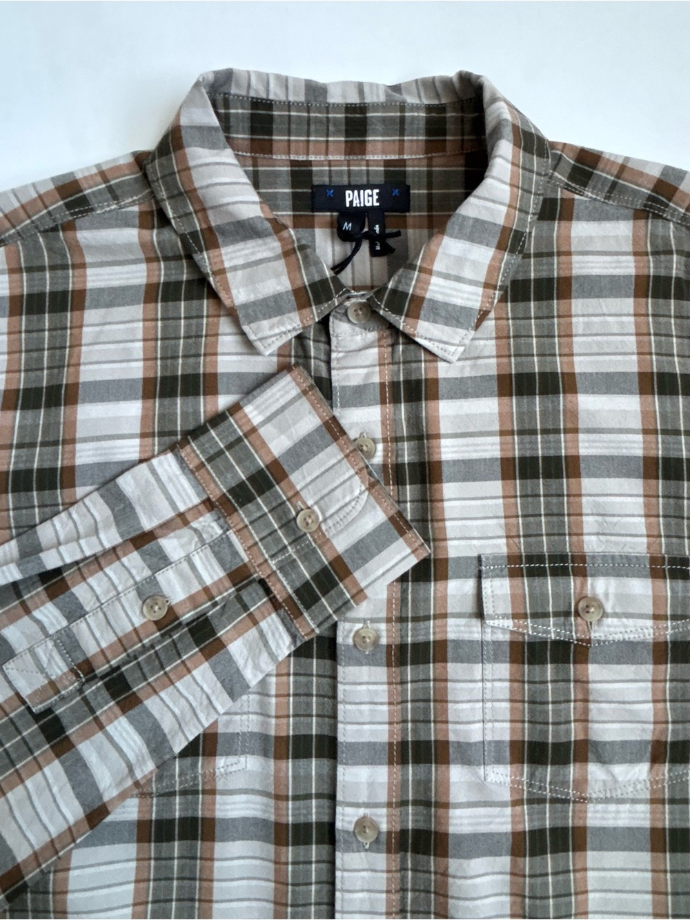 PAIGE Everett Oxford Plaid Button Up Longsleeve Shirt in Ivy Spice Olive Brown